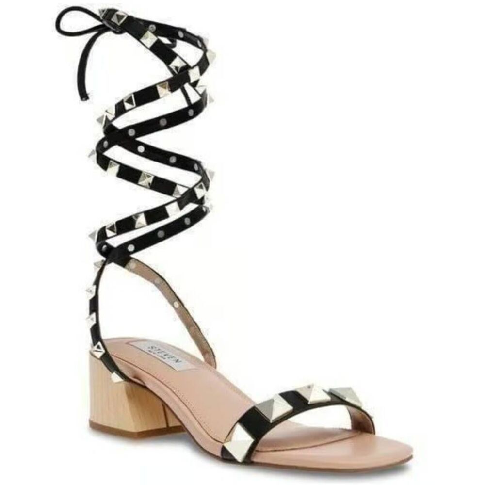 Steven New York Byrin‎ Heeled Sandal Size 6 Black Wraparound Block Heel Studded